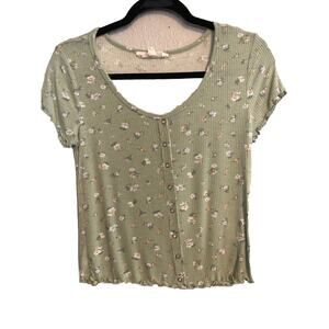 Hippie Rose Women Size Large Crop Top Green Floral Y2K Stretchy Short Sleeve